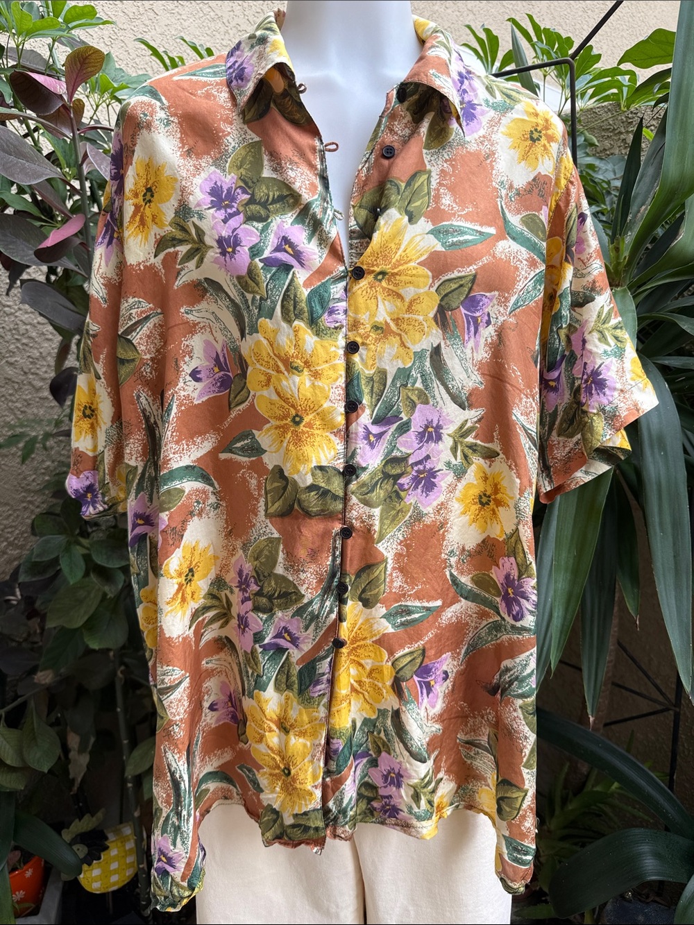 Vintage Floral Short-Sleeve Button-Up Silk Blouse Rust Yellow & Purple Flowers